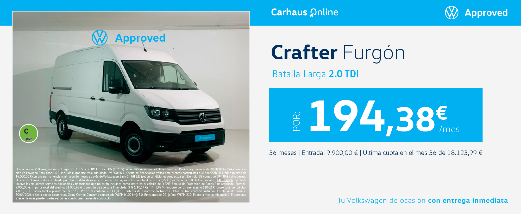 Furgón Volkswagen Crafter Ocasión por 194,38€/mes*